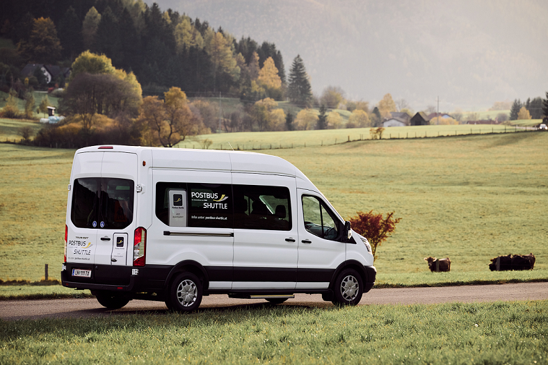 Postbus Shuttle in ländlicher Alpenlandschaft mit Kühen auf der Weide